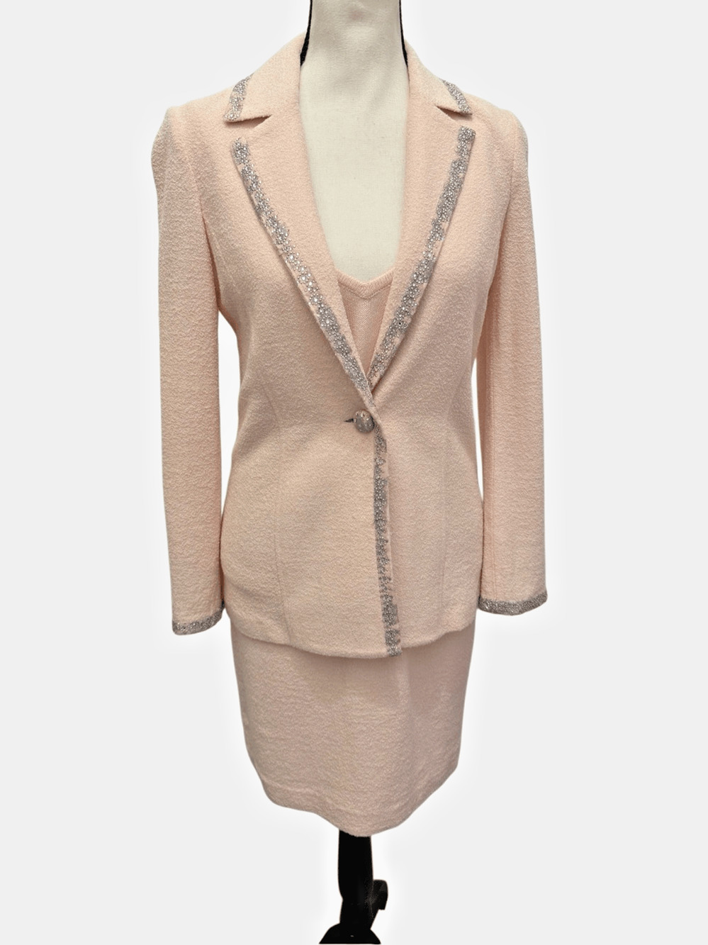 Vtg St John Evening 3 Pc Pink Santana Knit Skirt Suit Blazer, Top, Skirt